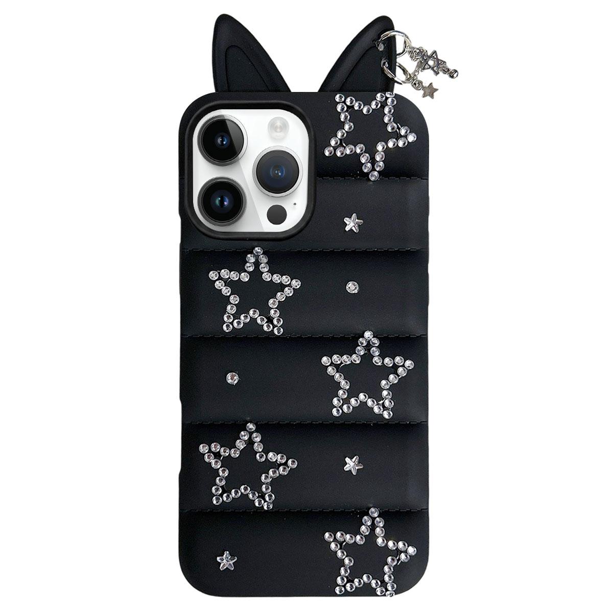 For iPhone 16 Pro Max Star Rhinestone Fox Ears Puffer Jacket TPU Phone Case - Black - EDA009837404B