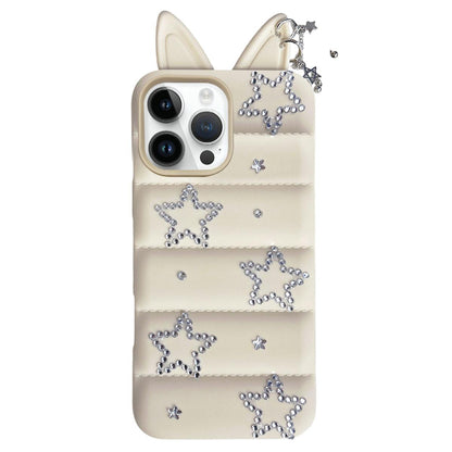 For iPhone 16 Pro Star Rhinestone Fox Ears Puffer Jacket TPU Phone Case - White - EDA009837405C