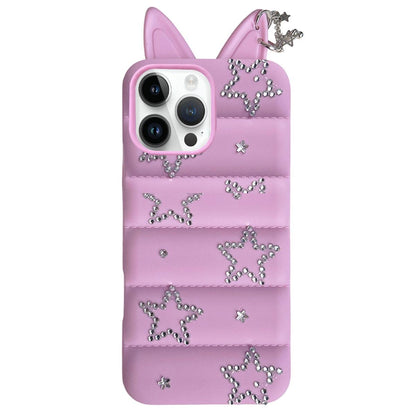 For iPhone 16 Pro Star Rhinestone Fox Ears Puffer Jacket TPU Phone Case - Purple - EDA009837405E
