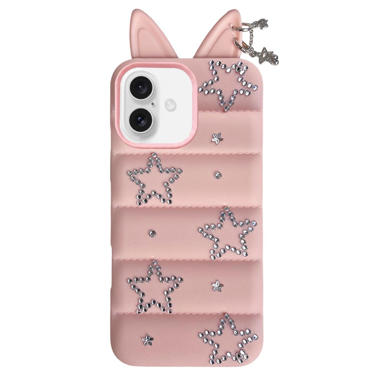 For iPhone 16 Star Rhinestone Fox Ears Puffer Jacket TPU Phone Case - Pink - EDA009837406A
