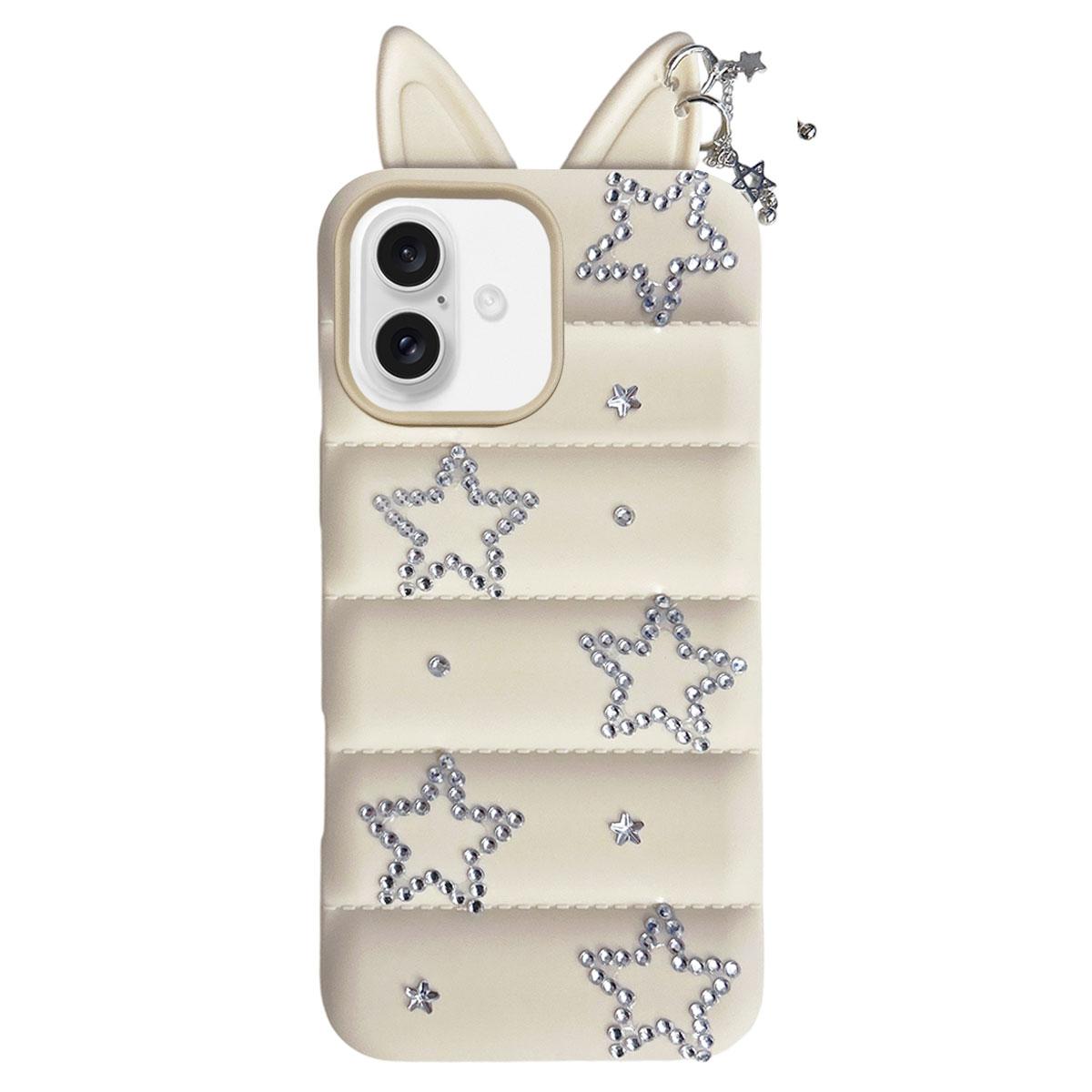 For iPhone 16 Star Rhinestone Fox Ears Puffer Jacket TPU Phone Case - White - EDA009837406C