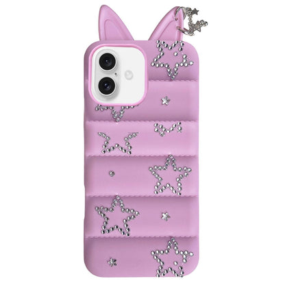 For iPhone 16 Star Rhinestone Fox Ears Puffer Jacket TPU Phone Case - Purple - EDA009837406E