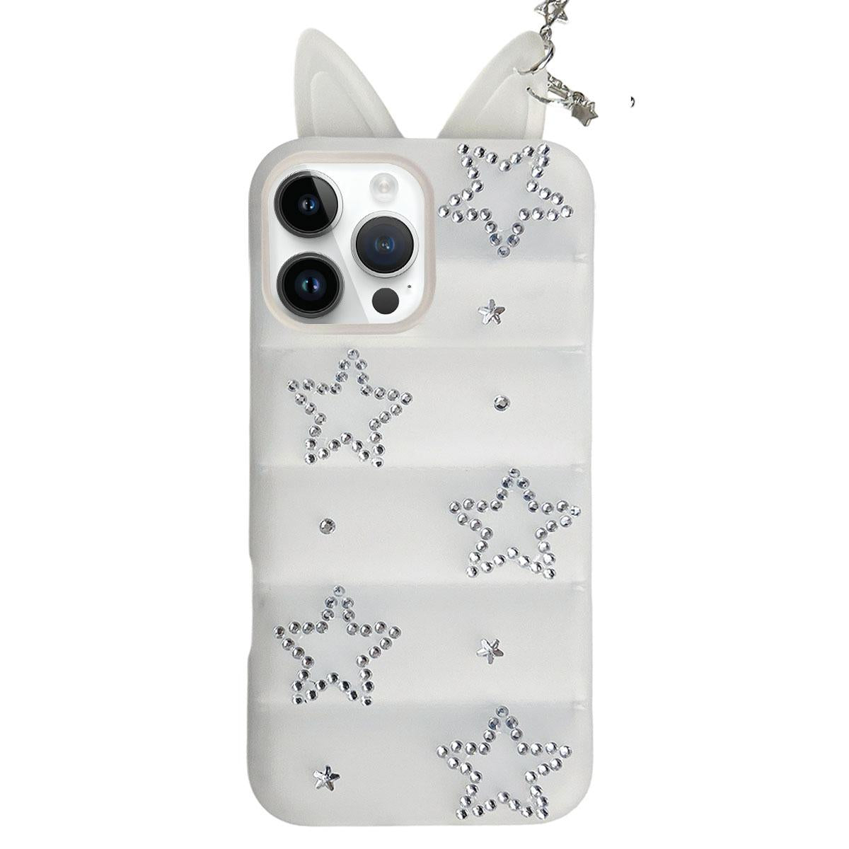 For iPhone 15 Pro Max Star Rhinestone Fox Ears Puffer Jacket TPU Phone Case - Transparent White - EDA009837407D