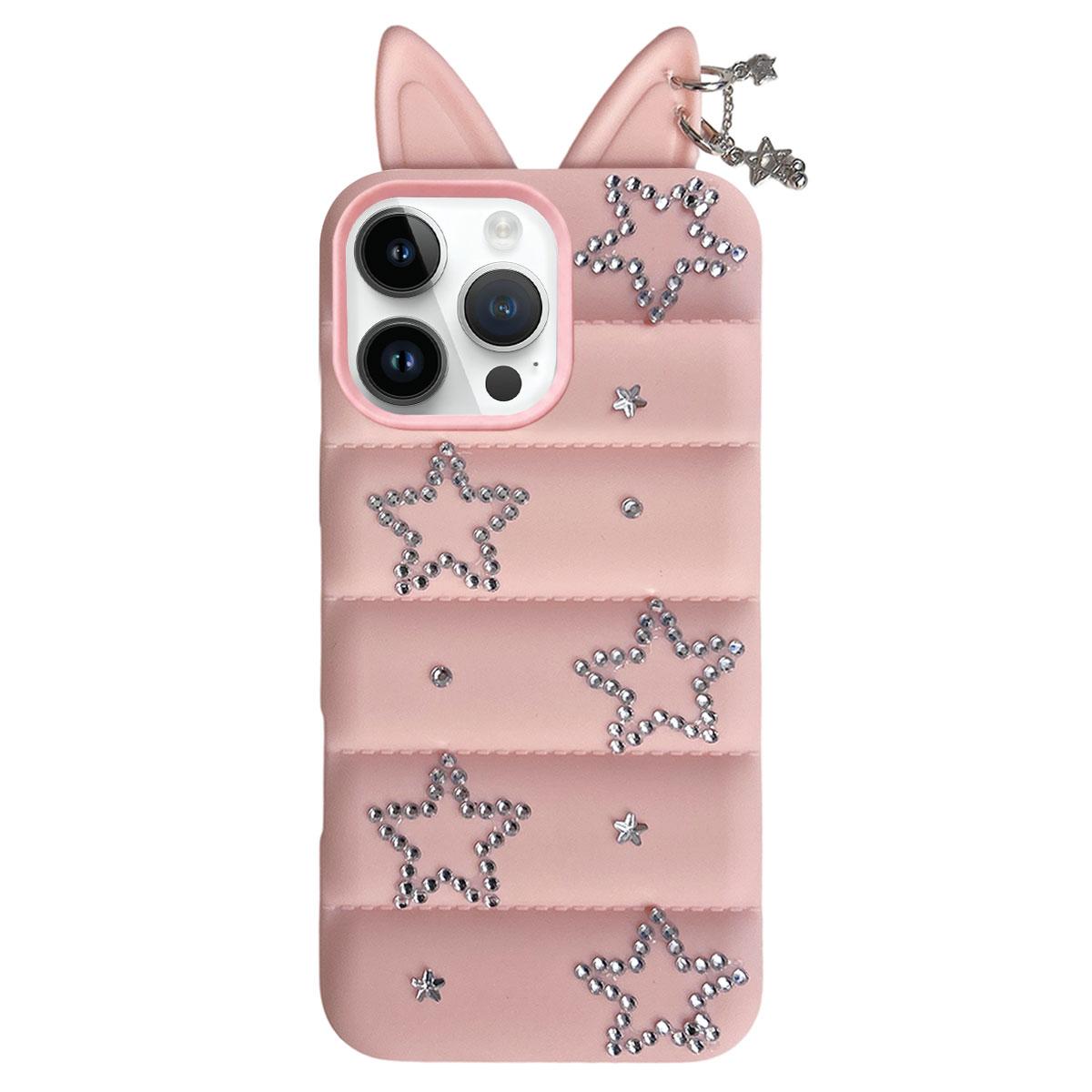 For iPhone 15 Pro Star Rhinestone Fox Ears Puffer Jacket TPU Phone Case - Pink - EDA009837408A