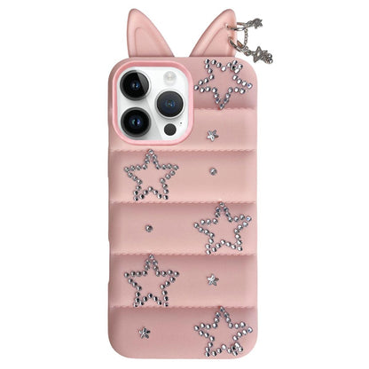 For iPhone 15 Pro Star Rhinestone Fox Ears Puffer Jacket TPU Phone Case - Pink - EDA009837408A