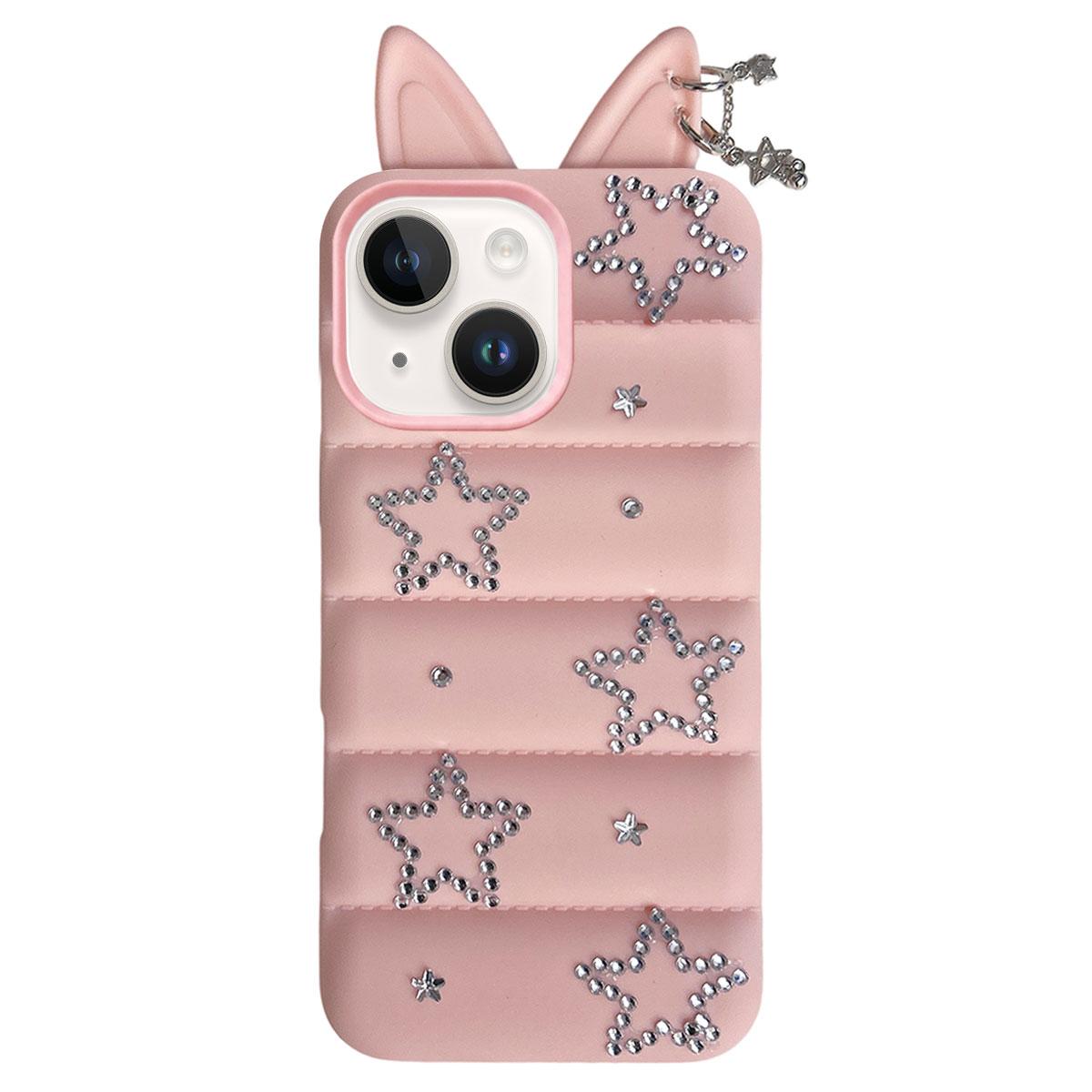 For iPhone 15 / 14 Star Rhinestone Fox Ears Puffer Jacket TPU Phone Case - Pink - EDA009837409A