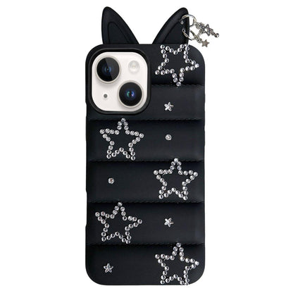 For iPhone 15 / 14 Star Rhinestone Fox Ears Puffer Jacket TPU Phone Case - Black - EDA009837409B
