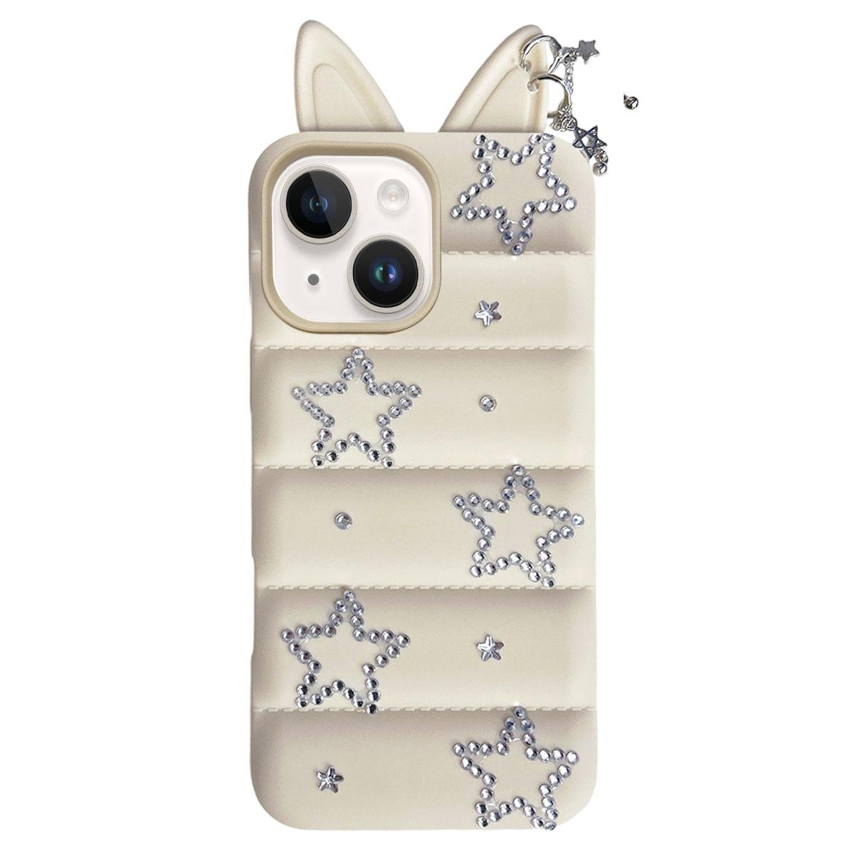 For iPhone 15 / 14 Star Rhinestone Fox Ears Puffer Jacket TPU Phone Case - White - EDA009837409C
