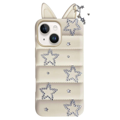 For iPhone 15 / 14 Star Rhinestone Fox Ears Puffer Jacket TPU Phone Case - White - EDA009837409C