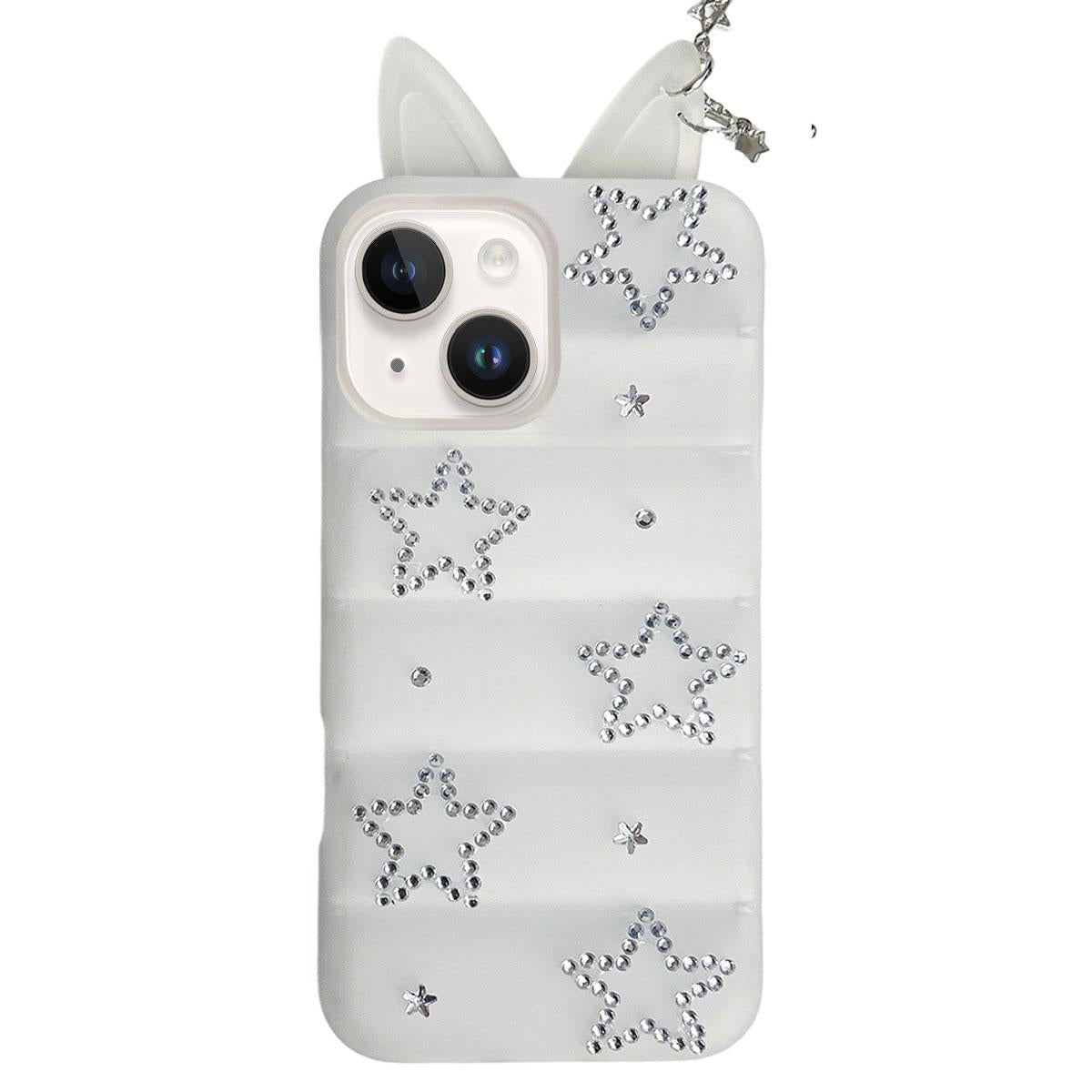 For iPhone 15 / 14 Star Rhinestone Fox Ears Puffer Jacket TPU Phone Case - Transparent White - EDA009837409D