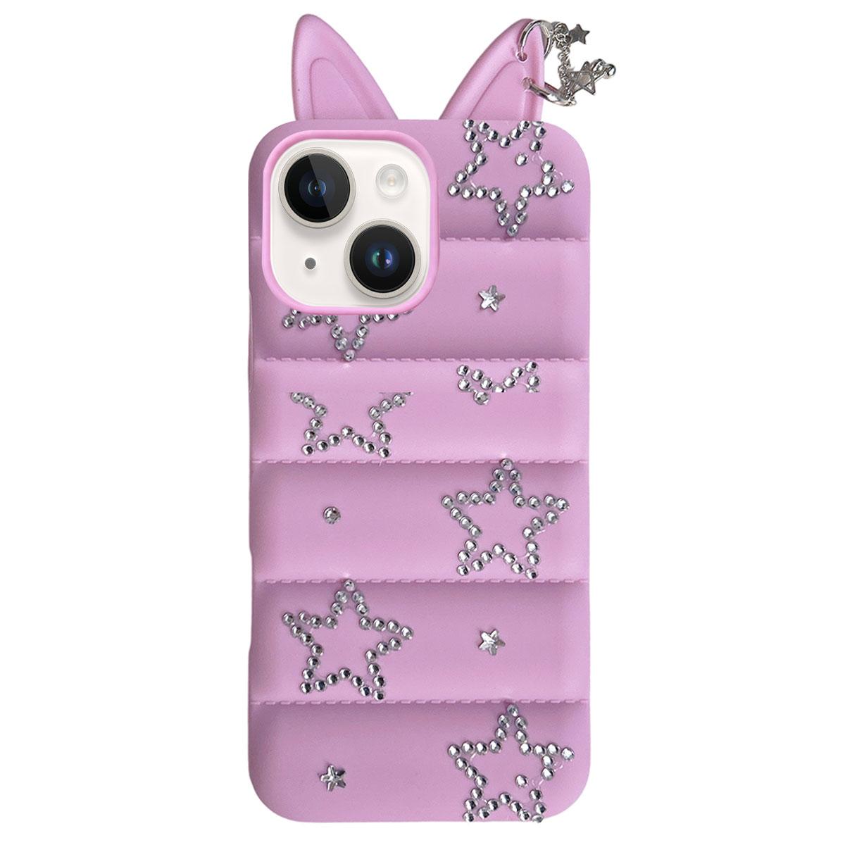 For iPhone 15 / 14 Star Rhinestone Fox Ears Puffer Jacket TPU Phone Case - Purple - EDA009837409E