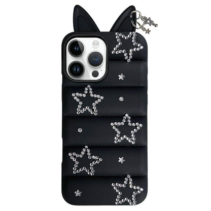 For iPhone 13 Pro Max Star Rhinestone Fox Ears Puffer Jacket TPU Phone Case - Black - EDA009837412B