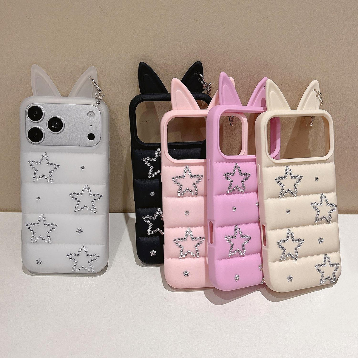 For iPhone 16 Pro Max Star Rhinestone Fox Ears Puffer Jacket TPU Phone Case - White - EDA009837404C