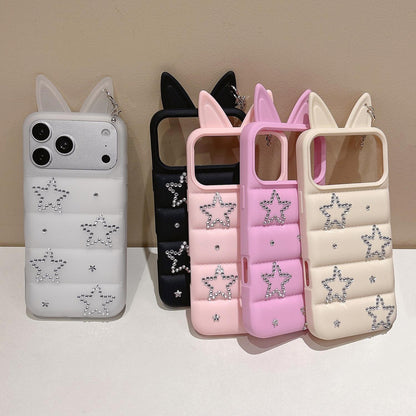 For iPhone 13 Pro Max Star Rhinestone Fox Ears Puffer Jacket TPU Phone Case - Pink - EDA009837412A