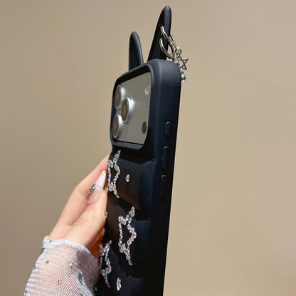 For iPhone 16 Pro Star Rhinestone Fox Ears Puffer Jacket TPU Phone Case - Black - EDA009837405B