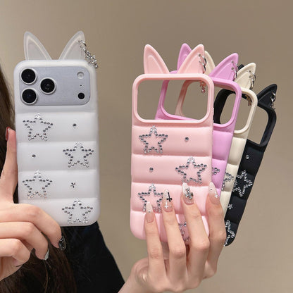 For iPhone 16 Pro Max Star Rhinestone Fox Ears Puffer Jacket TPU Phone Case - White - EDA009837404C
