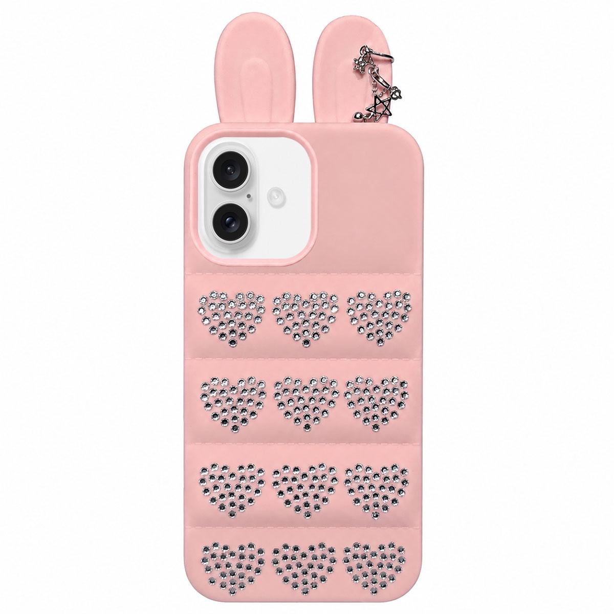For iPhone 17 Rhinestone Hearts Bunny Ears Puffer Jacket TPU Phone Case - Pink - EDA009837603A