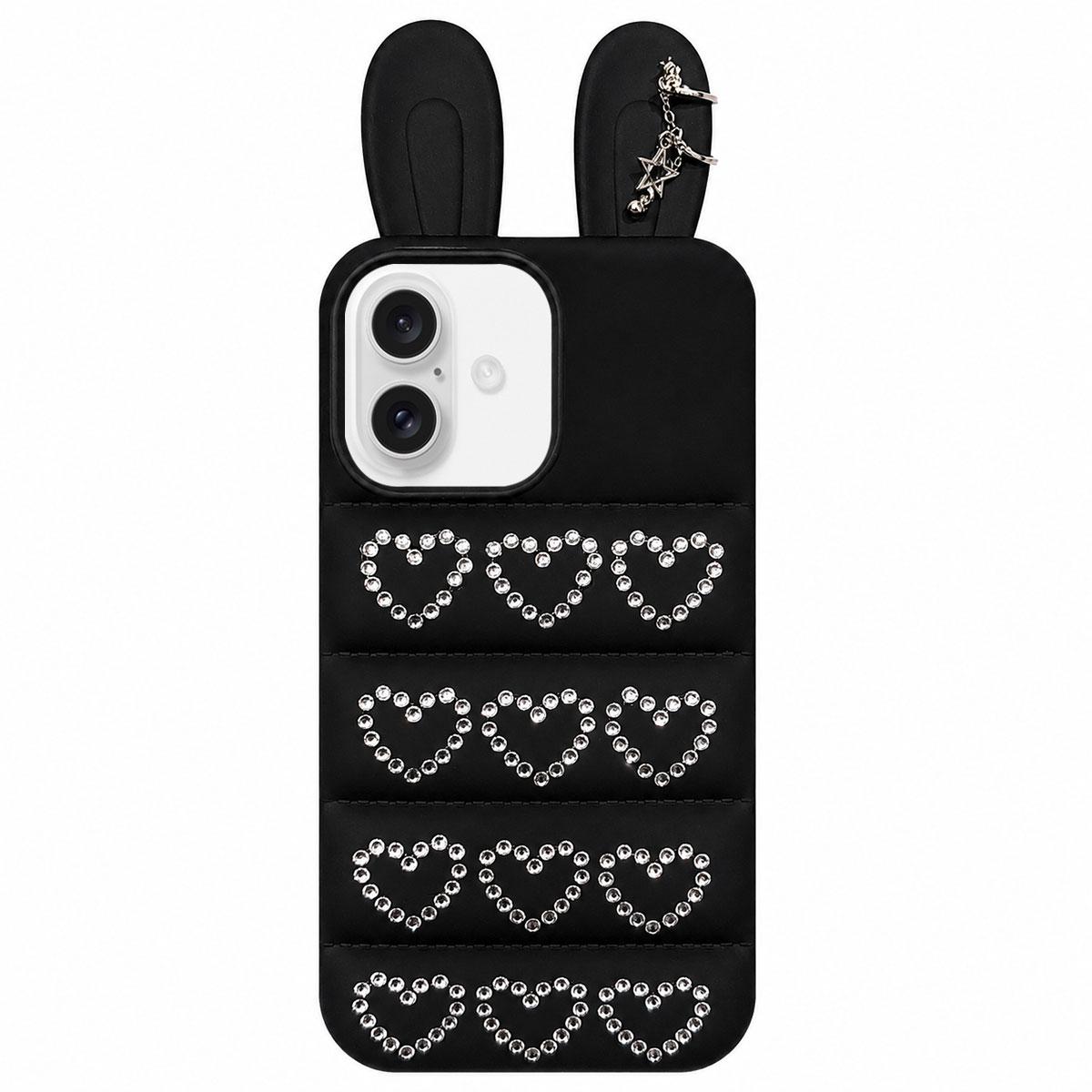 For iPhone 17 Rhinestone Hearts Bunny Ears Puffer Jacket TPU Phone Case - Black - EDA009837603B