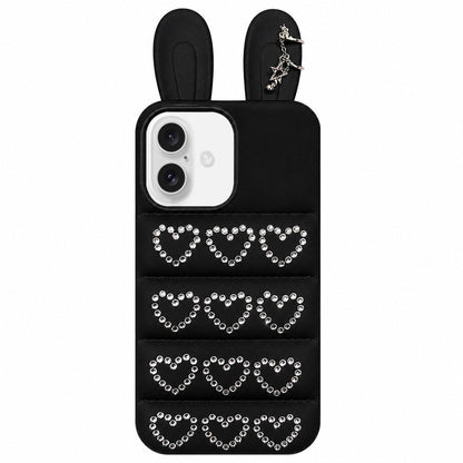 For iPhone 17 Rhinestone Hearts Bunny Ears Puffer Jacket TPU Phone Case - Black - EDA009837603B
