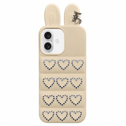 For iPhone 17 Rhinestone Hearts Bunny Ears Puffer Jacket TPU Phone Case - White - EDA009837603C