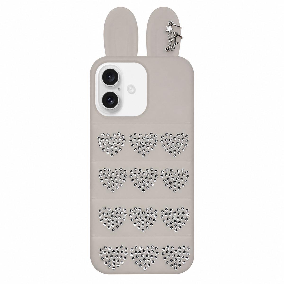For iPhone 17 Rhinestone Hearts Bunny Ears Puffer Jacket TPU Phone Case - Transparent White - EDA009837603D