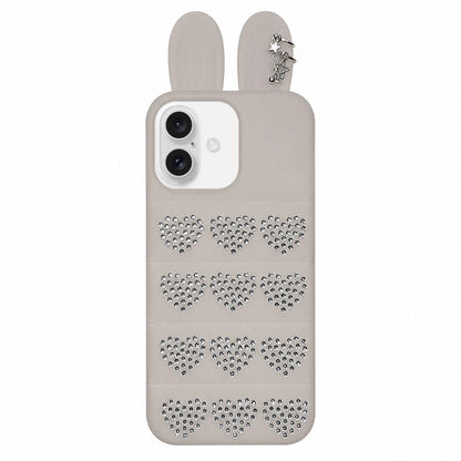 For iPhone 17 Rhinestone Hearts Bunny Ears Puffer Jacket TPU Phone Case - Transparent White - EDA009837603D