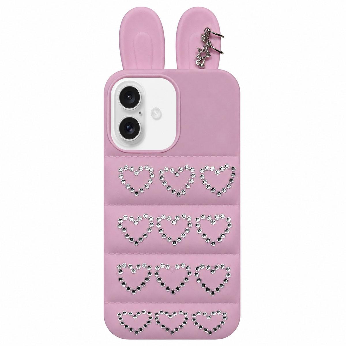 For iPhone 17 Rhinestone Hearts Bunny Ears Puffer Jacket TPU Phone Case - Purple - EDA009837603E