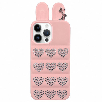For iPhone 15 Pro Rhinestone Hearts Bunny Ears Puffer Jacket TPU Phone Case - Pink - EDA009837608A