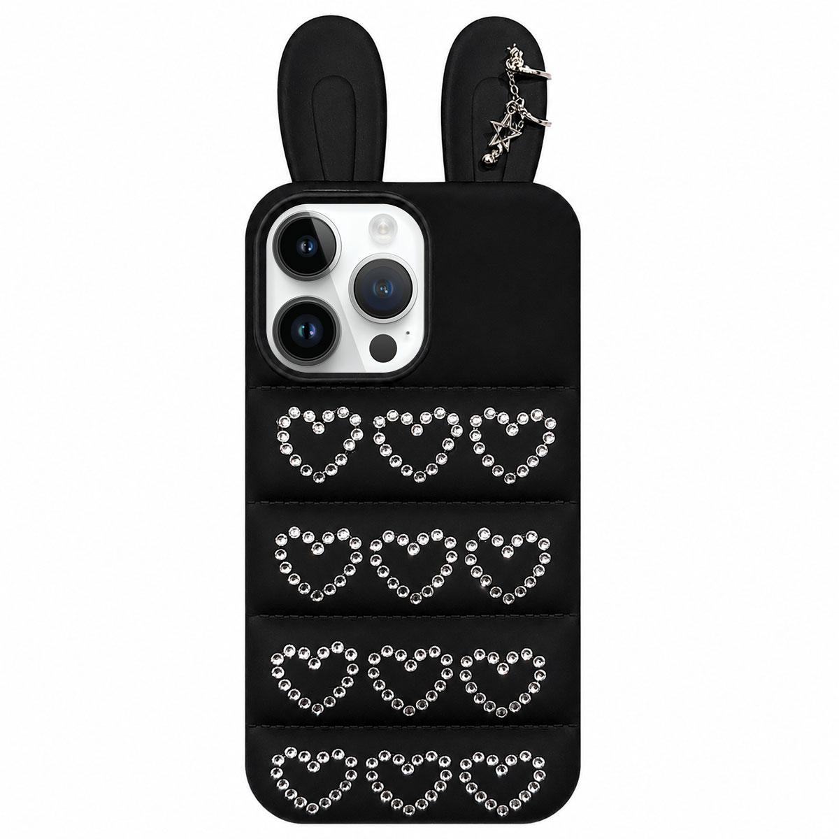 For iPhone 15 Pro Rhinestone Hearts Bunny Ears Puffer Jacket TPU Phone Case - Black - EDA009837608B