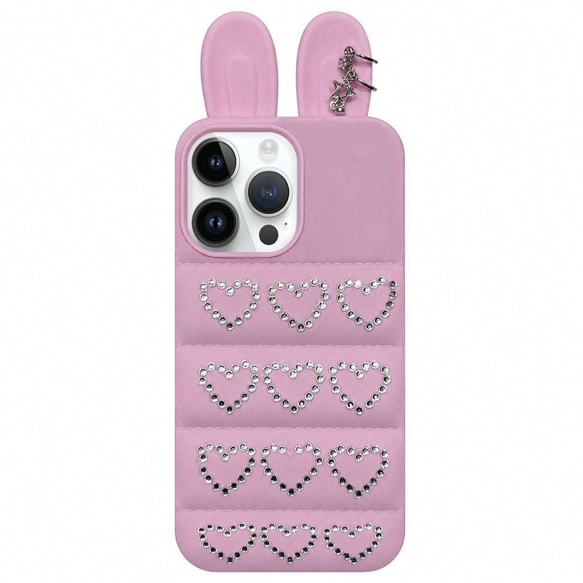 For iPhone 15 Pro Rhinestone Hearts Bunny Ears Puffer Jacket TPU Phone Case - Purple - EDA009837608E