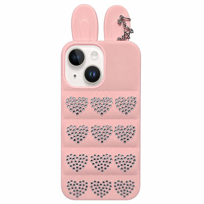 For iPhone 15 / 14 Rhinestone Hearts Bunny Ears Puffer Jacket TPU Phone Case - Pink - EDA009837609A