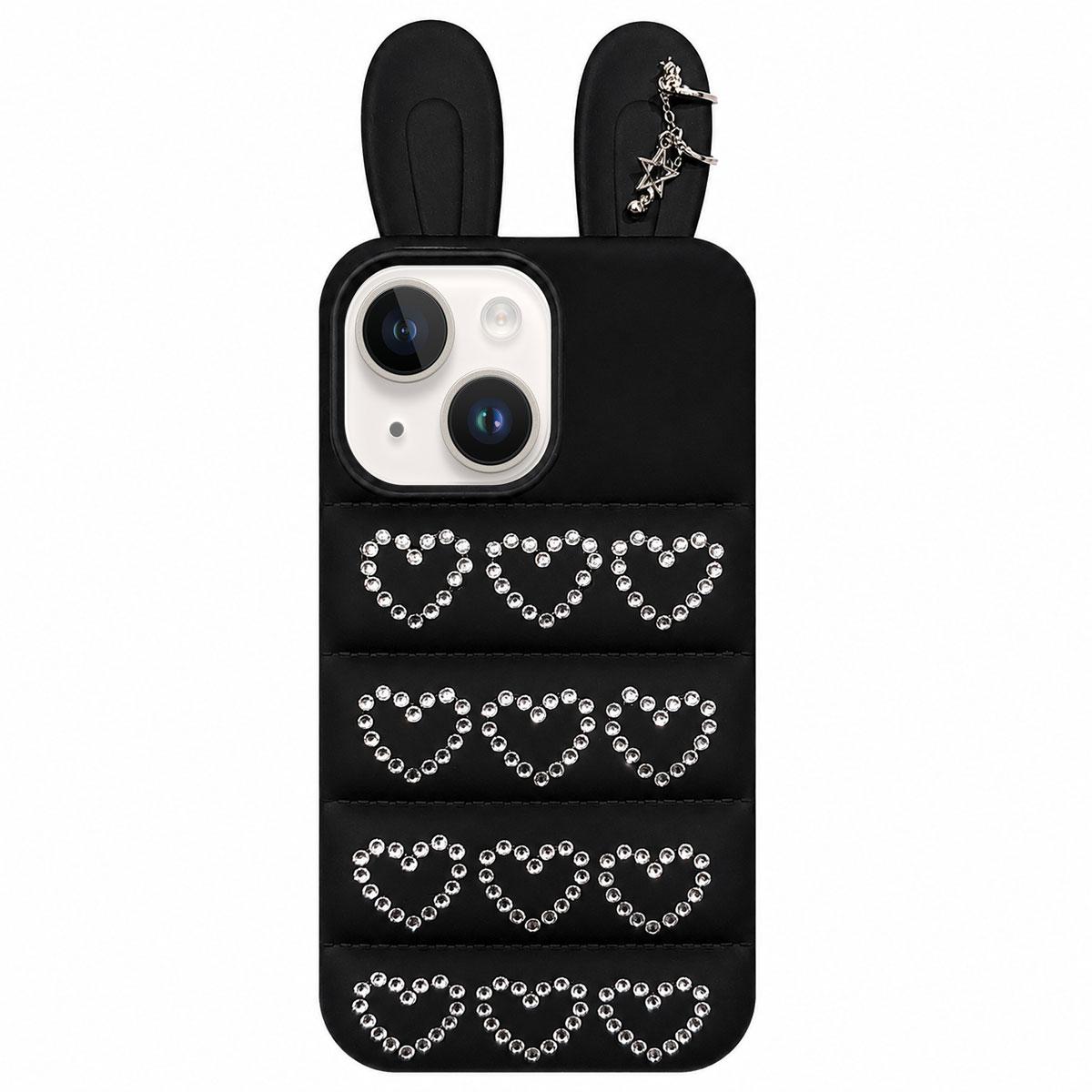 For iPhone 15 / 14 Rhinestone Hearts Bunny Ears Puffer Jacket TPU Phone Case - Black - EDA009837609B