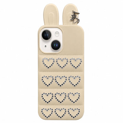 For iPhone 15 / 14 Rhinestone Hearts Bunny Ears Puffer Jacket TPU Phone Case - White - EDA009837609C