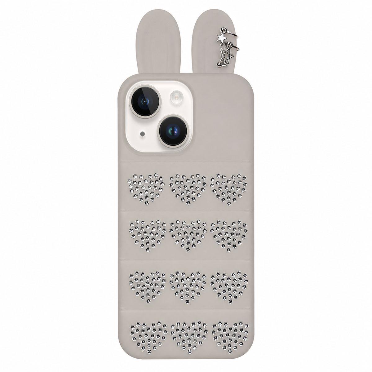 For iPhone 15 / 14 Rhinestone Hearts Bunny Ears Puffer Jacket TPU Phone Case - Transparent White - EDA009837609D