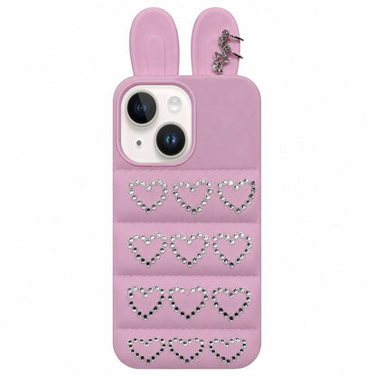 For iPhone 15 / 14 Rhinestone Hearts Bunny Ears Puffer Jacket TPU Phone Case - Purple - EDA009837609E