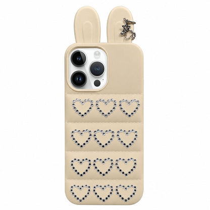 For iPhone 13 Pro Max Rhinestone Hearts Bunny Ears Puffer Jacket TPU Phone Case - White - EDA009837612C