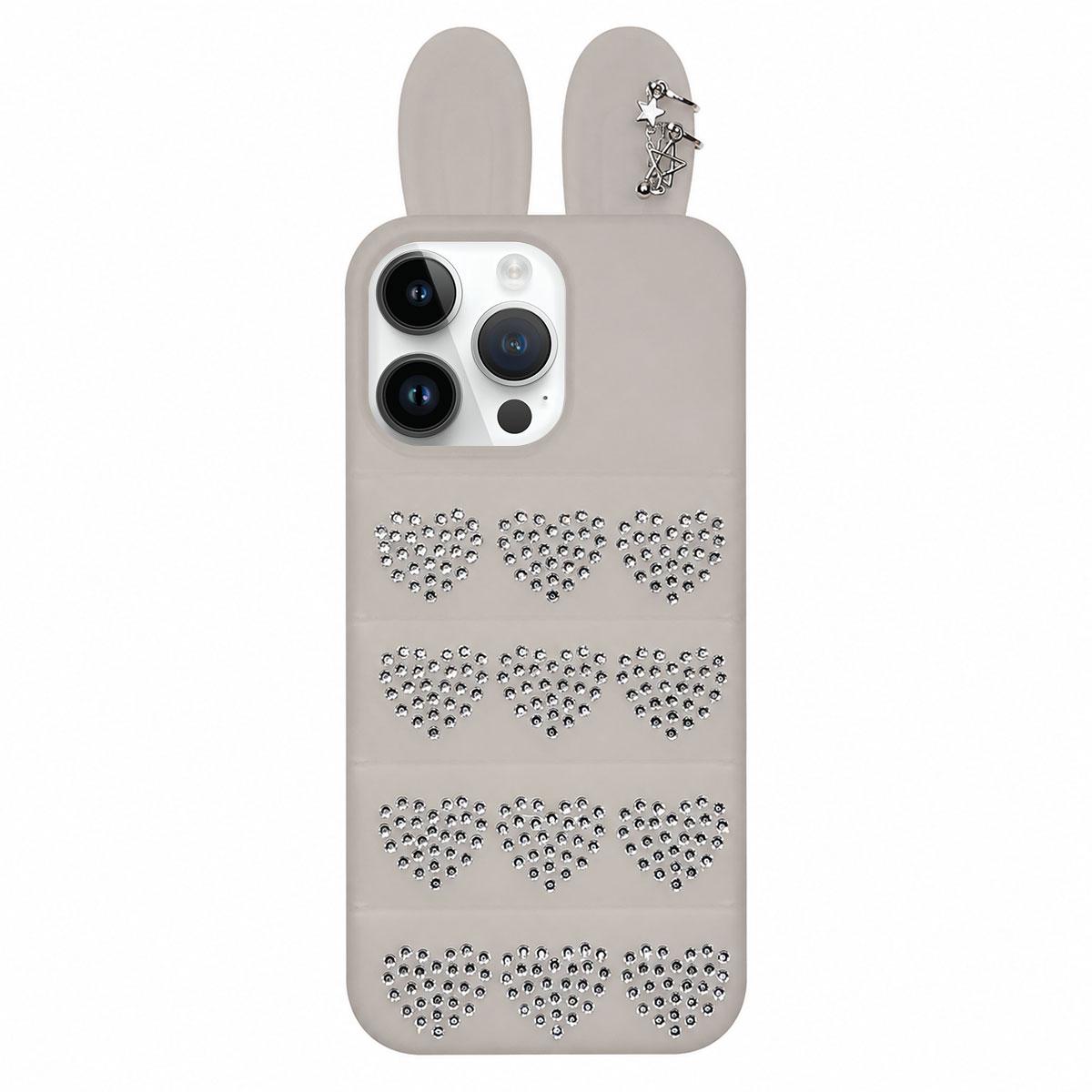 For iPhone 13 Pro Max Rhinestone Hearts Bunny Ears Puffer Jacket TPU Phone Case - Transparent White - EDA009837612D