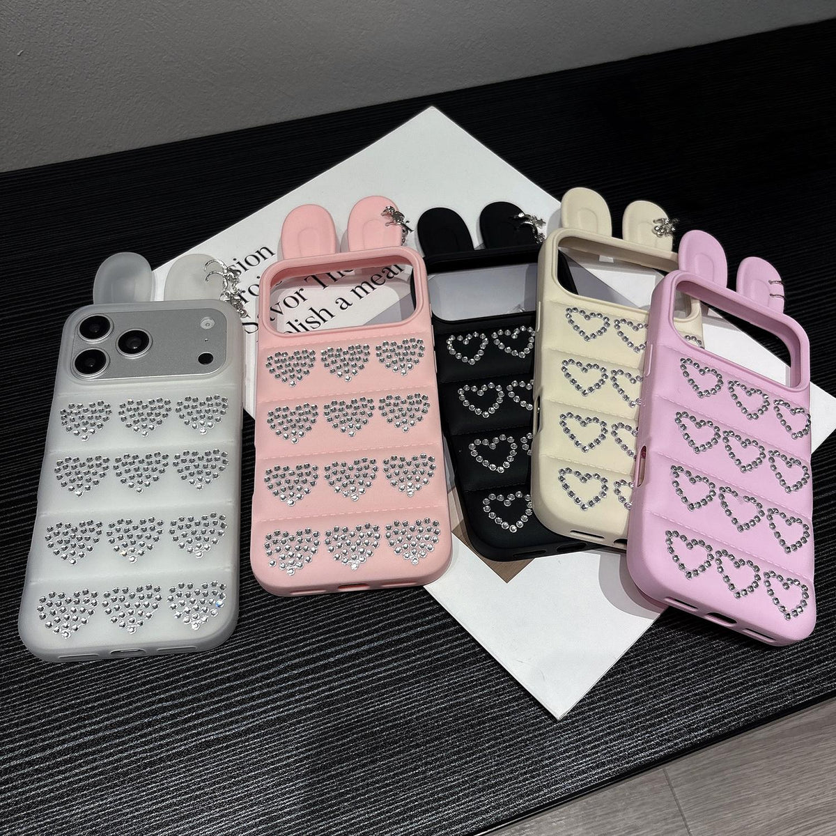 For iPhone 15 Pro Rhinestone Hearts Bunny Ears Puffer Jacket TPU Phone Case - Pink - EDA009837608A
