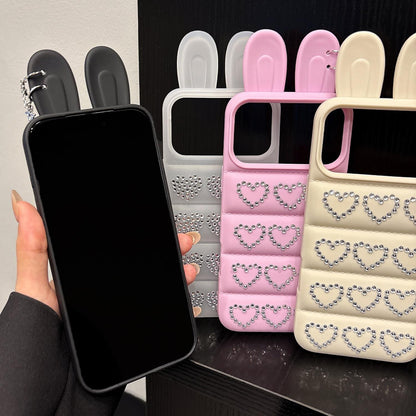For iPhone 15 / 14 Rhinestone Hearts Bunny Ears Puffer Jacket TPU Phone Case - Pink - EDA009837609A