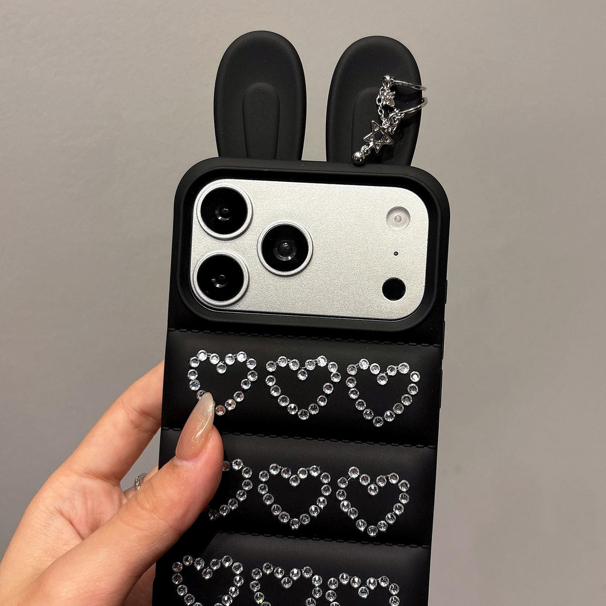 For iPhone 17 Rhinestone Hearts Bunny Ears Puffer Jacket TPU Phone Case - Pink - EDA009837603A