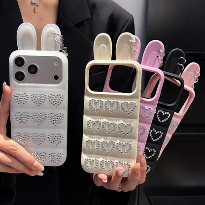 For iPhone 13 Pro Max Rhinestone Hearts Bunny Ears Puffer Jacket TPU Phone Case - Pink - EDA009837612A