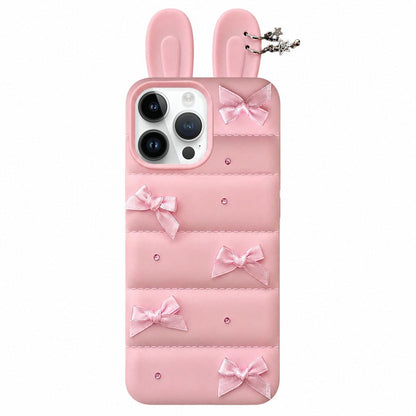 For iPhone 14 Pro Satin Bow Bunny Ears Design Puffer Jacket TPU Phone Case - Pink - EDA009837810B