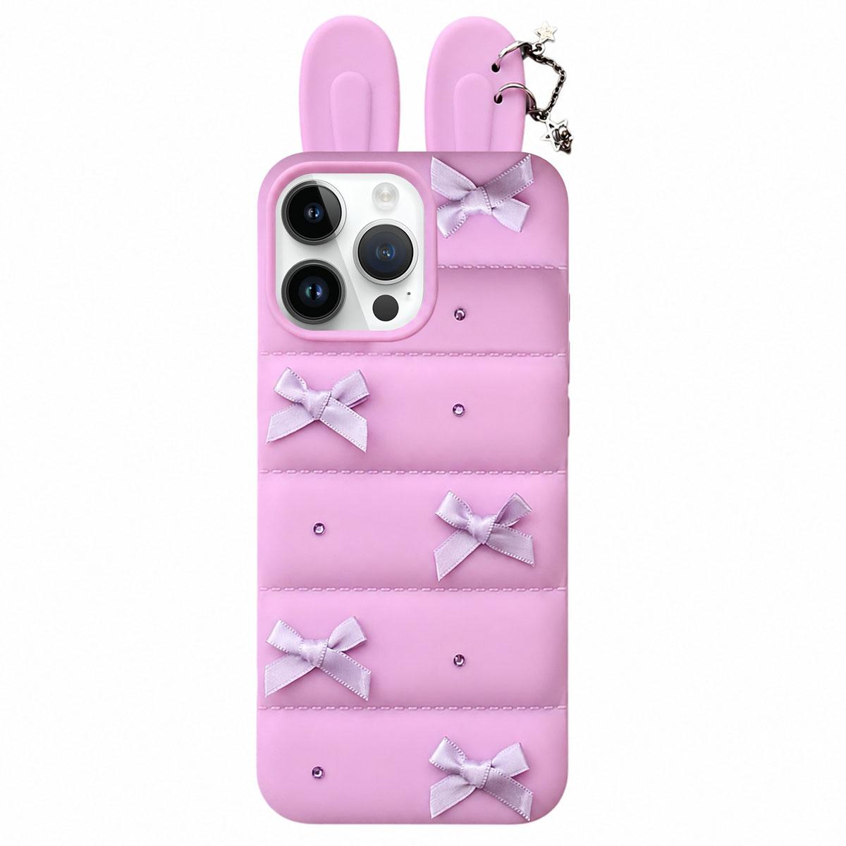 For iPhone 14 Pro Satin Bow Bunny Ears Design Puffer Jacket TPU Phone Case - Purple - EDA009837810C