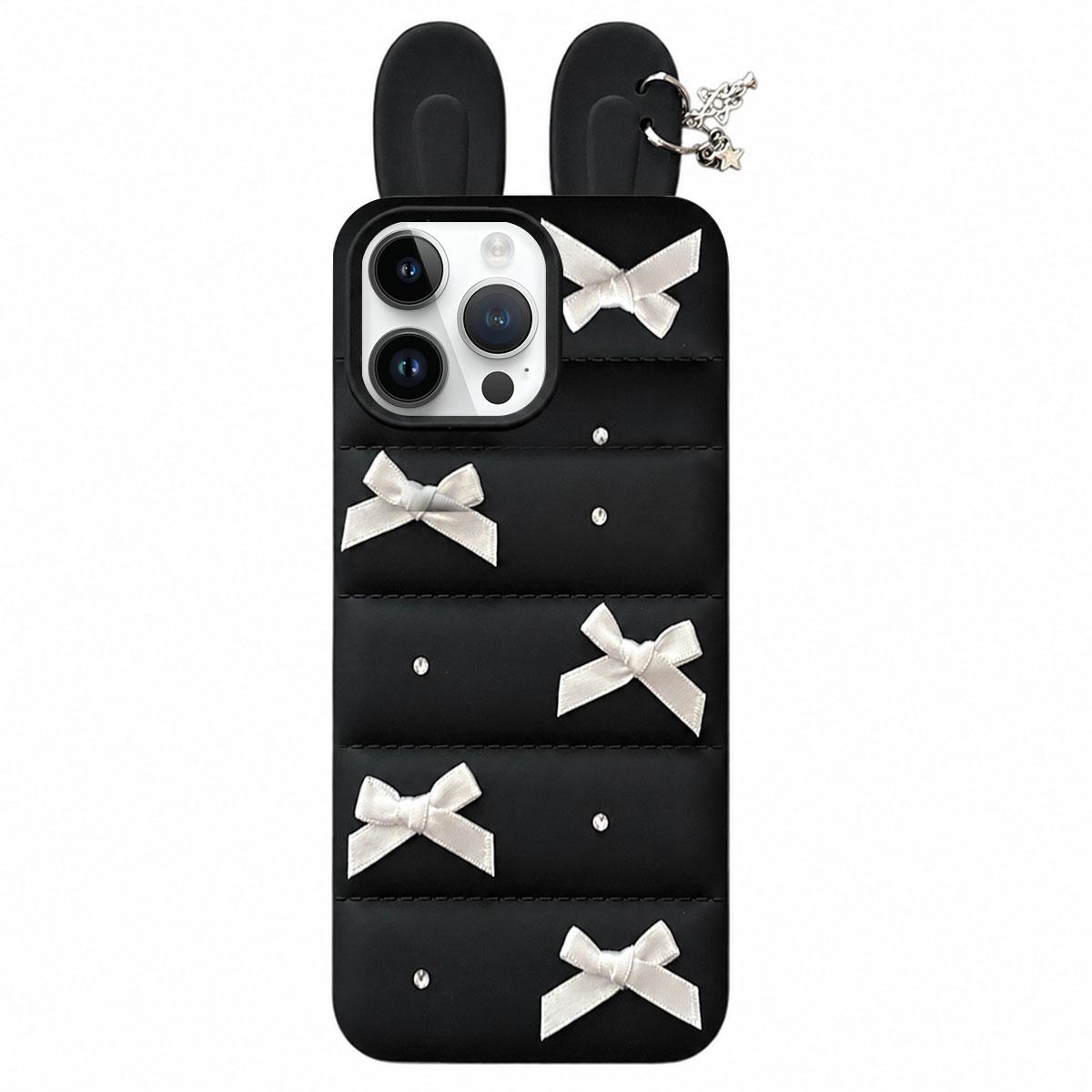 For iPhone 14 Pro Max Satin Bow Bunny Ears Design Puffer Jacket TPU Phone Case - Black - EDA009837811A