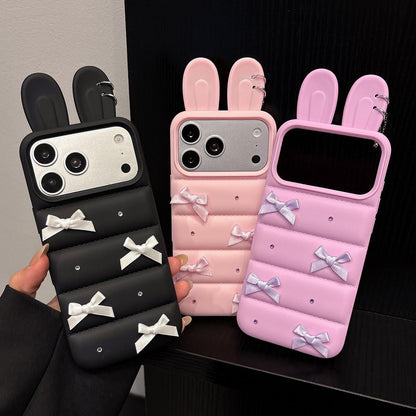 For iPhone 13 Pro Max Satin Bow Bunny Ears Design Puffer Jacket TPU Phone Case - Black - EDA009837812A