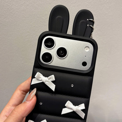 For iPhone 13 Pro Max Satin Bow Bunny Ears Design Puffer Jacket TPU Phone Case - Black - EDA009837812A