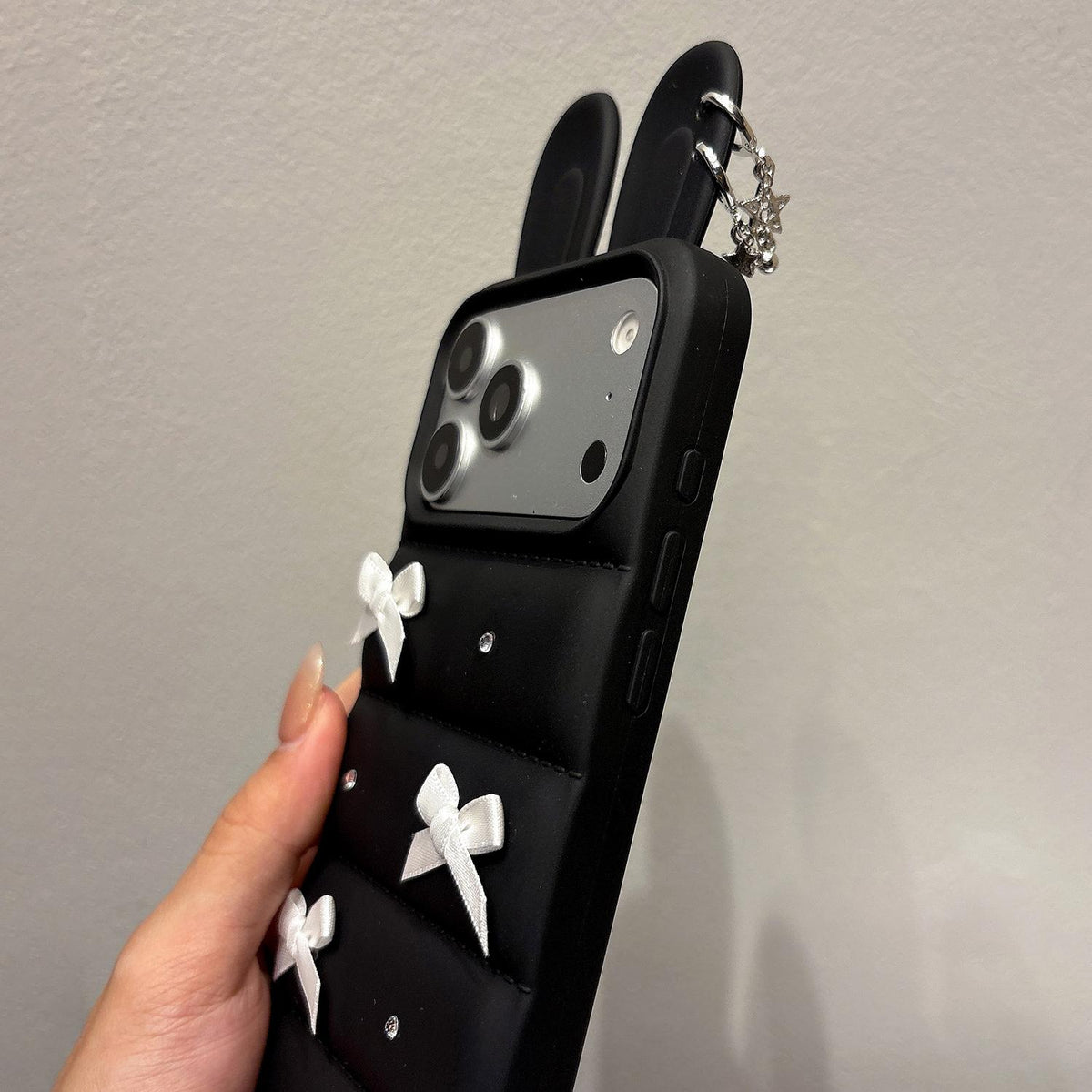 For iPhone 14 Pro Satin Bow Bunny Ears Design Puffer Jacket TPU Phone Case - Black - EDA009837810A