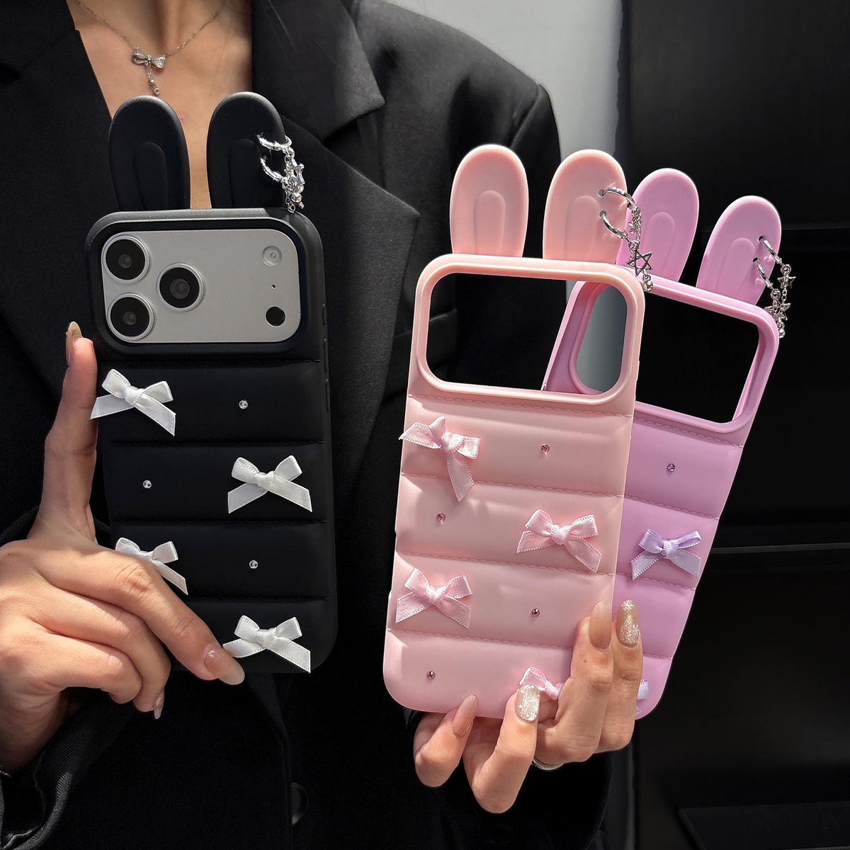 For iPhone 13 Pro Max Satin Bow Bunny Ears Design Puffer Jacket TPU Phone Case - Black - EDA009837812A