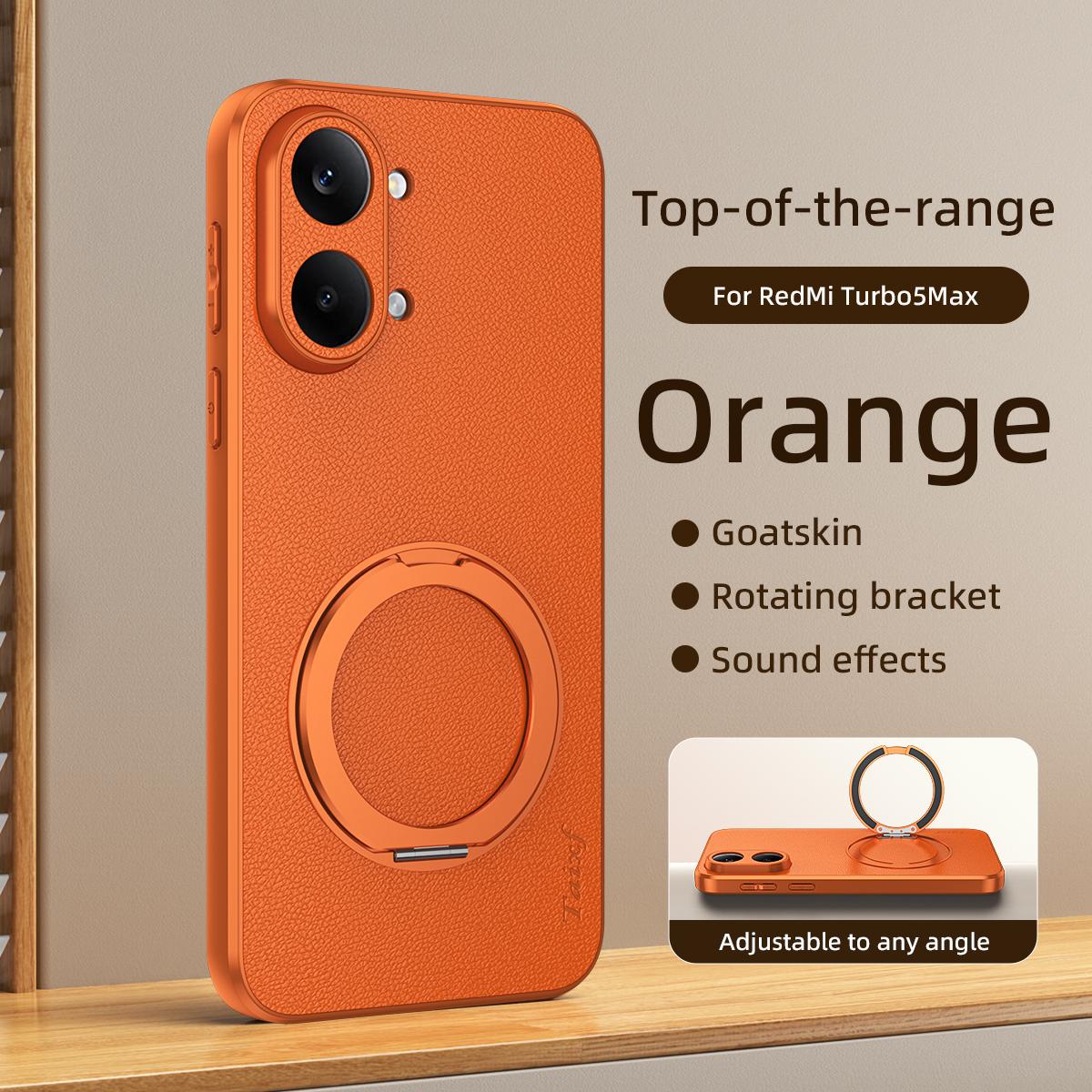 For Redmi Turbo 5 Max 5G Goatskin Vegan Leather Magnetic Phone Case With 360 Degree Rotating Holder - Orange - EDA009839303A