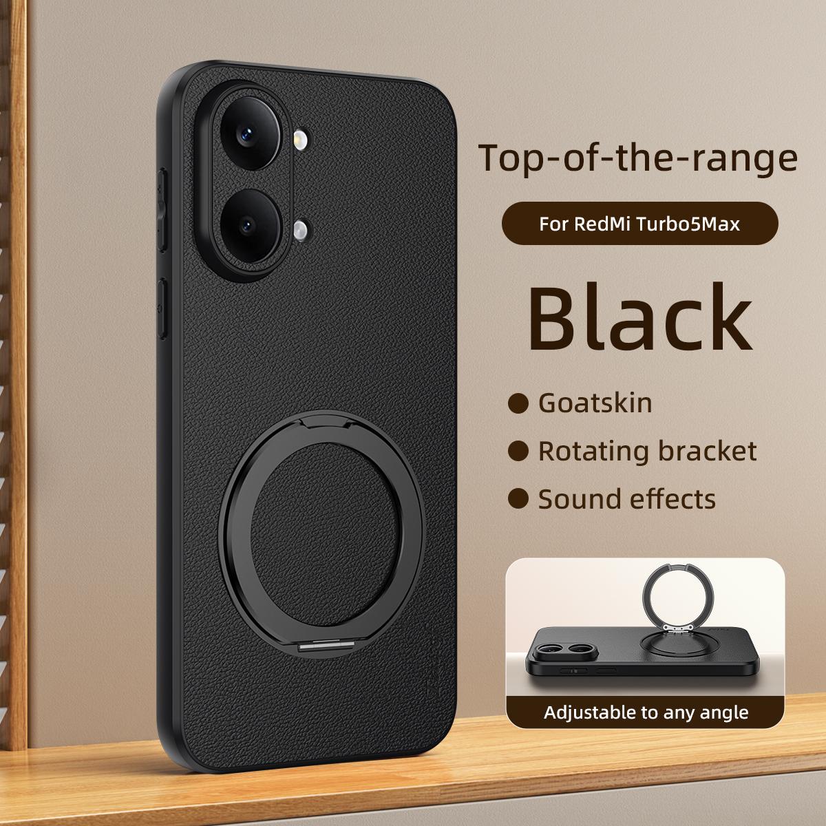 For Redmi Turbo 5 Max 5G Goatskin Vegan Leather Magnetic Phone Case With 360 Degree Rotating Holder - Black - EDA009839303B